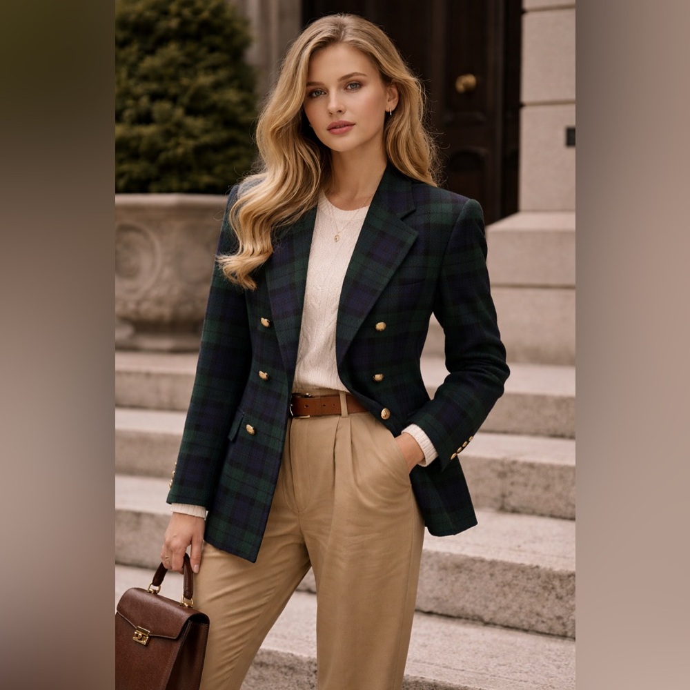 Vintage Pendleton Green Blue Plaid Wool Blazer Petite 14 USA Made